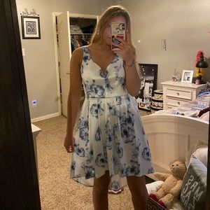 blue and white floral dress.